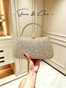 Women's Rhinestone Evening Clutch Bag, Top Handle Frame Clutch, Sparkling Rhinestone And Pearl Decorated Hard Shell Wallet, Luxury Style Suitable For Weddings, Proms - Gold - View 2