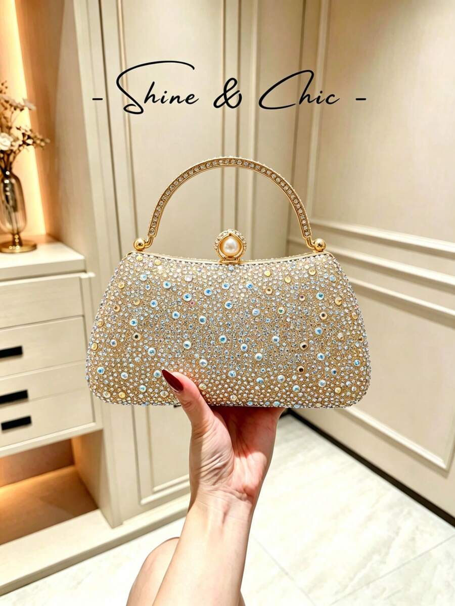 Women's Rhinestone Evening Clutch Bag, Top Handle Frame Clutch, Sparkling Rhinestone And Pearl Decorated Hard Shell Wallet, Luxury Style Suitable For Weddings, Proms