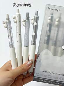 4支可愛貓咪可伸縮0.5mm黑墨凝膠筆，學校與辦公文具套組，開學首日適用 - 彩色 - 查看 3