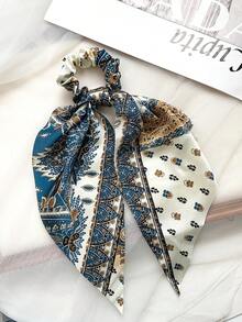 3 Stücke Set französischer Vintage Paris Muster bedruckter Seidenschal Haargummi, Kunstseide Satin Material, Schalband Design, hohe Elastizität, nicht schädigend, niedriger Pferdeschwanz Haargummi - Verschiedenfarbig - Übersicht 6