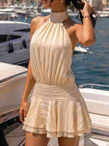 Spring/Summer Spaghetti Strap Backless Mini Dress - Sexy & Charming Style, Fitted Waist Design | Versatile For Daily, Commute, Party, Holiday Wear For Women - Yellow - View 6