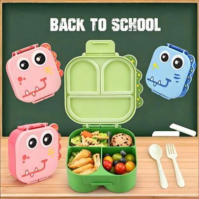 1pc Dinosaur Shaped Waterproof PP Lunch Box, With Handle, 1470ml Capacity, Includes Utensils, 3-Compartment Design, Can Be Further Divided Into 4 Compartments. Suitable For Kitchen Storage/Food Container/Back To School Supplies/Office/Home/Holiday Essentials, Travel Essentials, Summer Meals And Outdoor Dining.