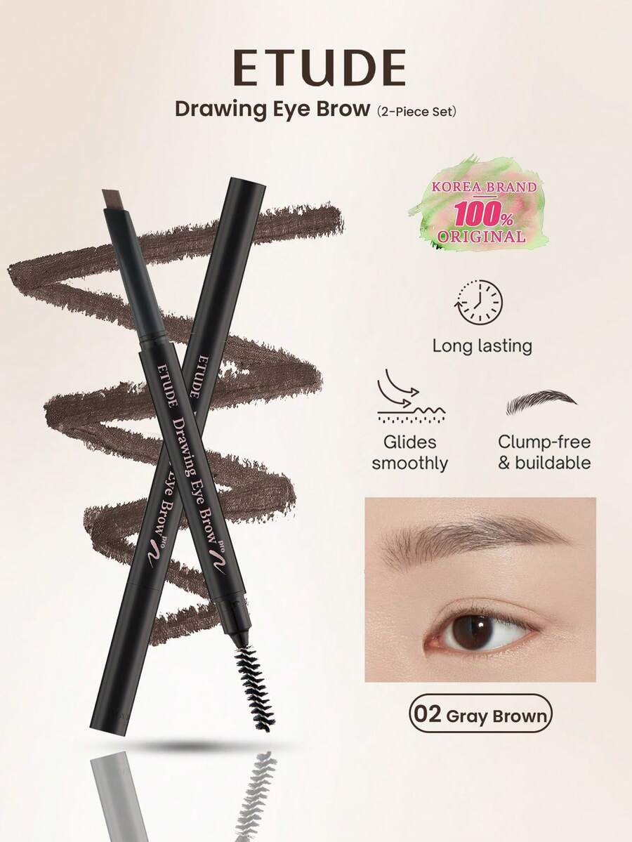 ETUDE 自然日常妝感眉筆 #2 灰棕色 兩入組，持久柔滑質地，易暈染不褪色，細刷頭，輕盈防暈染，高顯色，適合初學者，韓系美妝，禮品 0.25g/0.01oz