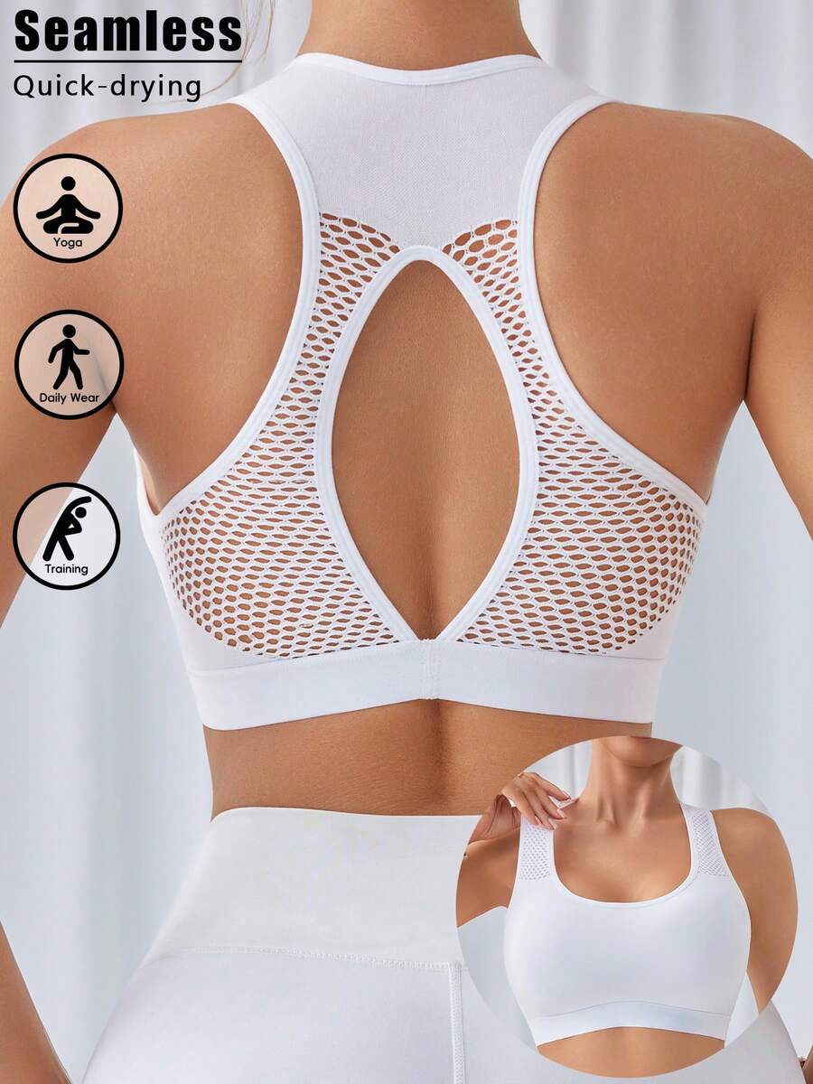 1pc Seamless Hollow Back Sports Bra, Removable Padding Breathable Suitable For Yoga Fitness Women Sports Bra And Bralette - White - View 1