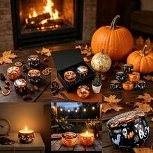 Kit de fabrication de bougies thème Halloween 63 pièces, comprend 8 pots à bougies vierges à motifs aléatoires, 15 supports de mèche, 20 mèches et 20 autocollants, convient pour la fabrication de bougies, la décoration de la maison, la décoration saisonnière et les cadeaux de fête - R-63PCS/Ensemble - Voir 7