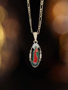 1pc 14K Gold Plated Zirconia Colorful Enamel Virgen Our Lady Of Virgin Mary Pendant Necklace For Wear It As A Symbol Of Faith, Protection, Birthdays - Gold - View 7