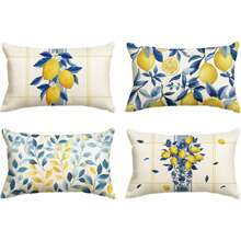 2/4 piezas Fundas de almohada lumbar con diseño de limón acuarela y hoja azul, fundas de cojín rectangulares con estampado de jarrón chino y cuadros, estilo granja, fundas decorativas de verano para sofá, cama y almohada (sin relleno de almohada incluido) - Multicolor - Ver 1