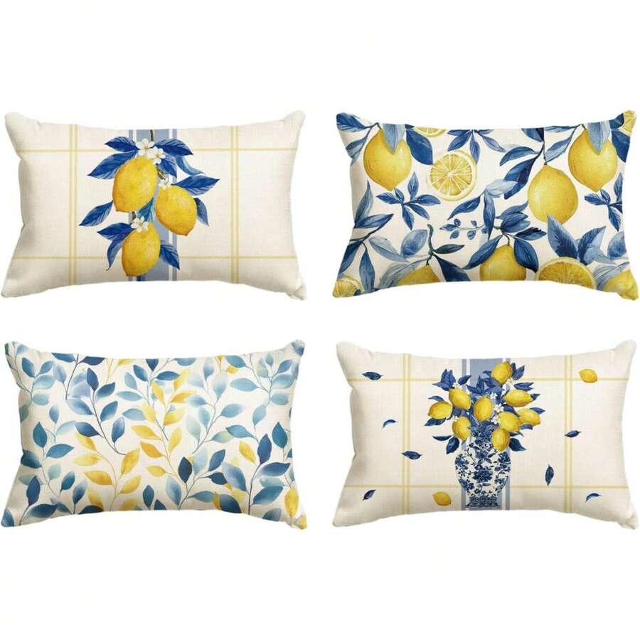 2/4 piezas Fundas de almohada lumbar con diseño de limón acuarela y hoja azul, fundas de cojín rectangulares con estampado de jarrón chino y cuadros, estilo granja, fundas decorativas de verano para sofá, cama y almohada (sin relleno de almohada incluido) - Multicolor - Ver 1
