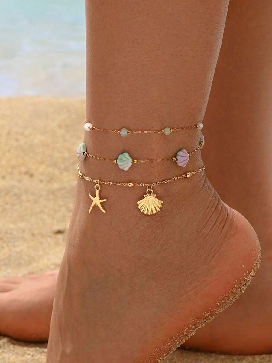 3pcs/Set Summer Beach Vacation Style Fresh Colorful Shell Gold Shell Starfish Colorful Bead Chain Combination Decorative Anklet Fashion Versatile Women's Foot Jewelry Suitable For Daily Wear And Summer Vacation Beach Party Music Festival - Multicolor - View 1