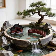 中式庭院小橋微景觀魚缸裝飾古建築擺件，迷你庭院裝飾品 - 彩色 - 查看 2