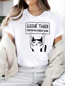 New Arrival,Women's "Llegue Tarde" Cat Protest Graphic Tee - Casual Short Sleeve, Round Neck, Stretch Cotton, Machine Washable, Gray With Black Print,Best Gift For You - White - View 1