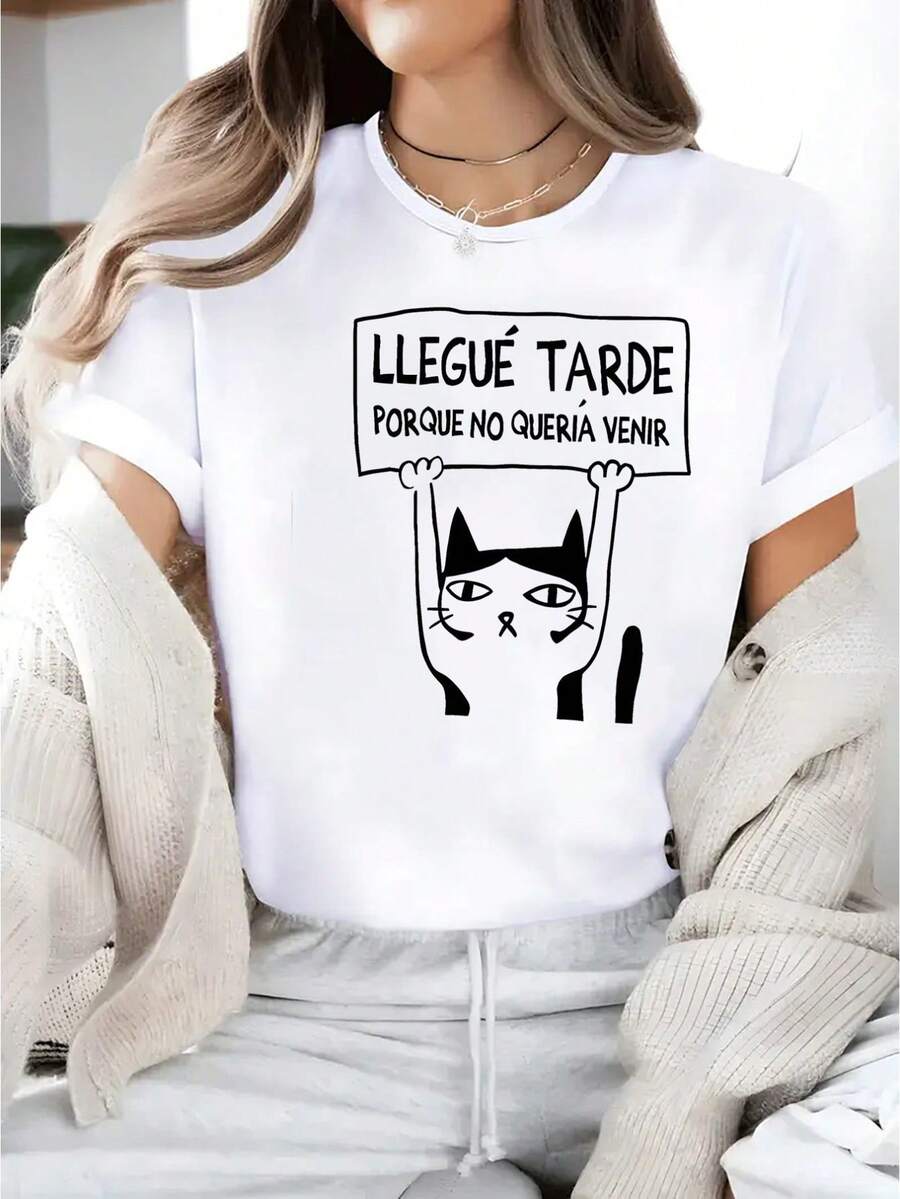 New Arrival,Women's "Llegue Tarde" Cat Protest Graphic Tee - Casual Short Sleeve, Round Neck, Stretch Cotton, Machine Washable, Gray With Black Print,Best Gift For You - White - View 1