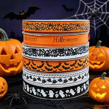 3Rolls/1Roll 1cm*2200cm Halloween Grosgrain Ribbon Set, Pumpkin Ghost Spider Web Pattern Decorative Ribbons For Gift Wrapping DIY Crafts - Multicolor - View 6