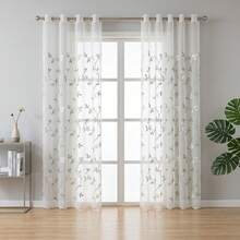 1 pieza Cortina de tul transparente con base blanca y bordado de flores pequeñas en color verde claro, estilo floral francés pastoral fresco, de poliéster semitransparente con dobladillo ondulado rectangular, cortina decorativa de gasa que filtra la luz, filtra la luz suavemente, ligera y brumosa para decoración de ventanas, adecuada para dormitorio, sala de estar, ventana mirador, decoración suave, escena del hogar pastoral fresca y curativa, uso en todas las estaciones - Verde - Ver 5