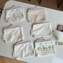 Ins Pastoral Style Floral Polka Dot Plaid Print Makeup Bag, Cute Fabric Zipper Portable Storage Pouch - Coin Purse - View 3