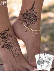 2Pcs Sketch Henna Temporary Tattoos With Hand-Held Rose Patterns. Non-Reflective, Lifelike Tattoo Effect. Fit Arms, Back And Spine. Ideal For Daily Use, Lasts 3-5 Days. - Black - View 1