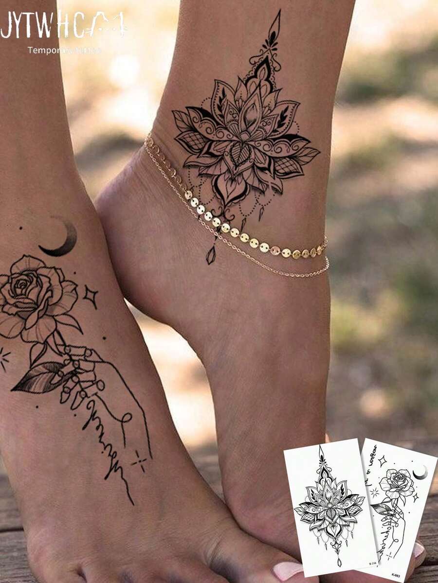 2Pcs Sketch Henna Temporary Tattoos With Hand-Held Rose Patterns. Non-Reflective, Lifelike Tattoo Effect. Fit Arms, Back And Spine. Ideal For Daily Use, Lasts 3-5 Days. - Black - View 1