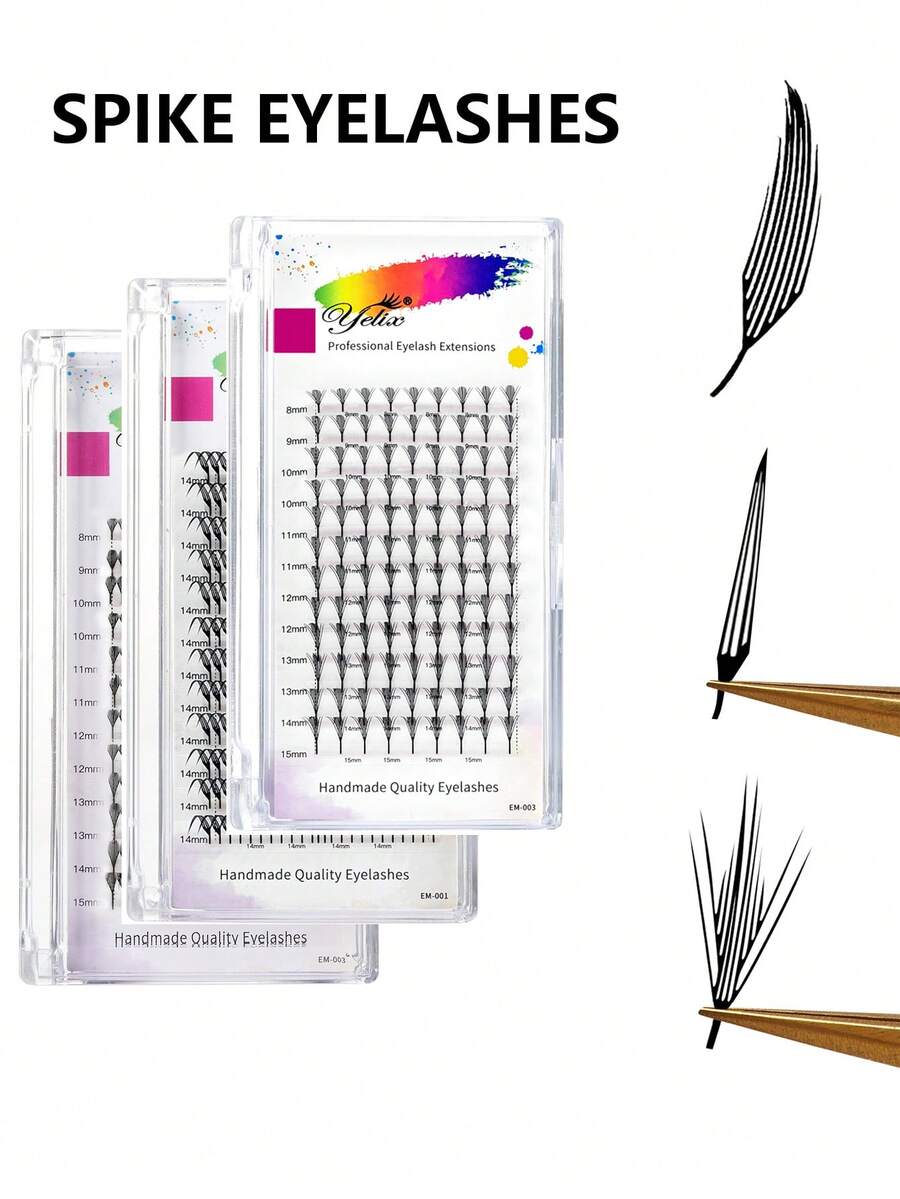 12 Rows Premade Spike Eyelash Extensions 0.07mm Air Series Feather Shape Manga Anime Individual Lashes 8-15mm Mixed Volume Fans DIY Clusters Lashes - 查看 1
