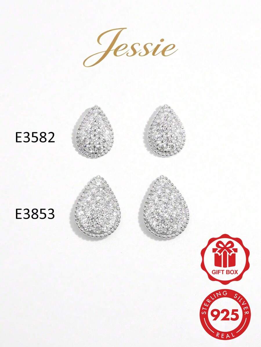 Vaerine 1 对优雅复古 925 纯银方晶锆石泪珠设计耳钉,适合女性聚会和礼物 - 銀色 - 查看 1