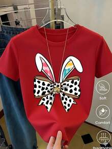 Women's White T-Shirt With Rabbit Ears And Paws In Leopard Print, Fashionable Animal Print T-Shirt, Casual Summer Blouse With Cute Bunny Design, Aesthetic And Fun Top - 藏蓝色 - 查看 1
