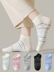 ZUJO 5 pares de calcetines cortos de mujer con patrón de rayas, lazos y corazones, suaves, transpirables y amigables con la piel, adecuados para uso diario en primavera, otoño y verano - Multicolor - Ver 5