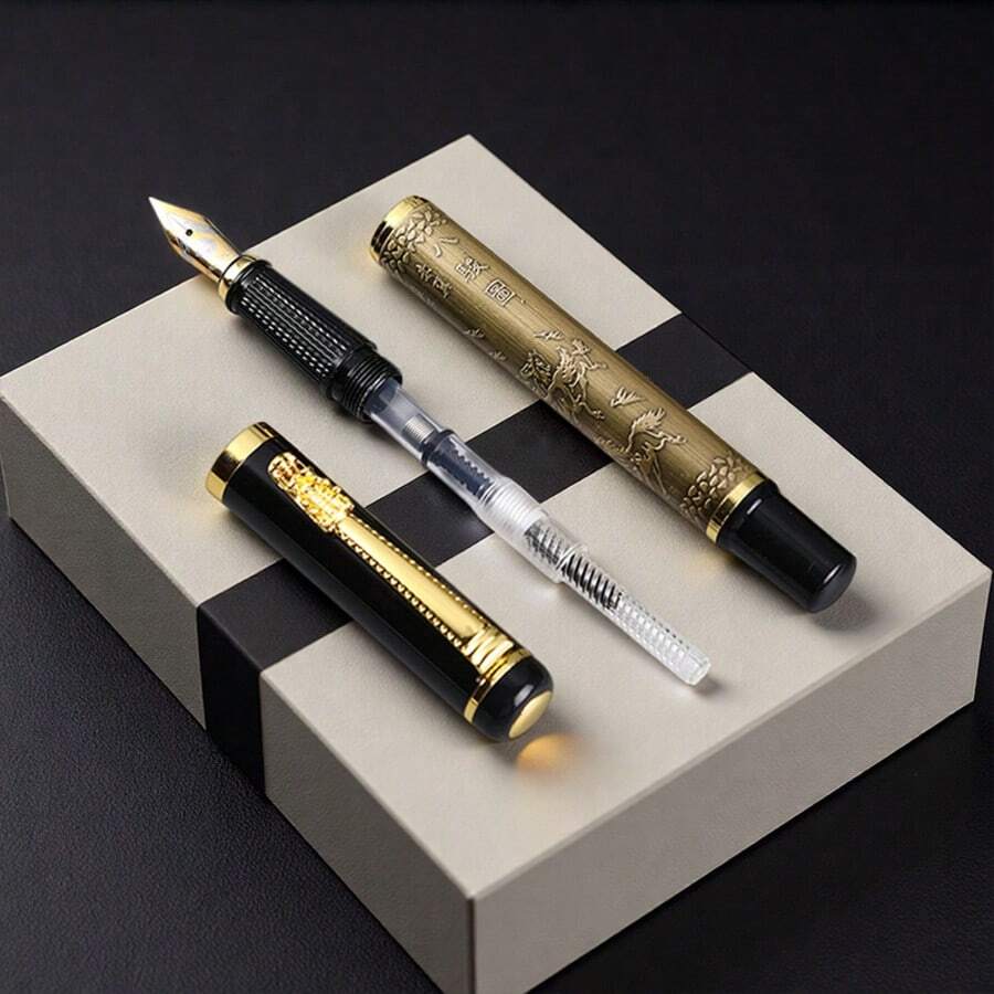 Single Antique-Style Bronze Metal Dragon-Head Fountain Pen / Vintage Chinese-Style Fine-Nib Calligraphy Pen (Includes Ink Cartridge And Converter) / Ideal Business Gift For Professionals / Suitable For Business Signing.
