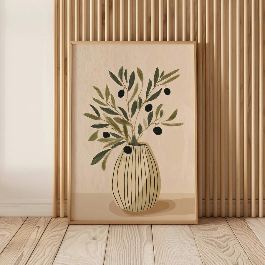 1pc Frameless Olive Nordic Style Floral Poster, Abstract Art Print, Minimalist Plant Olive Still Life Wall Decor, Aesthetic Apartment Living Room Bedroom Back To School Poster, Dorm Essential - Flowers - View 1