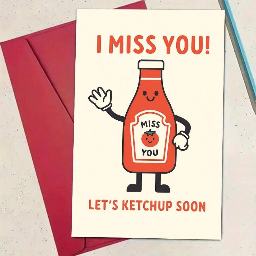 1pc Funny Ketchup "I Miss You" Card - "Let's Ketchup Soon" Punny Greeting Card With Envelope - 13x18cm - View 1