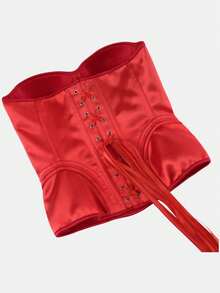Bonmuse Satin Bandeau Corset With Built-In Cups, Back Lace-Up, Boning Shaping, Vintage Hot Girl Style, Suitable For Daily / Party / Date Wear - Red - View 10