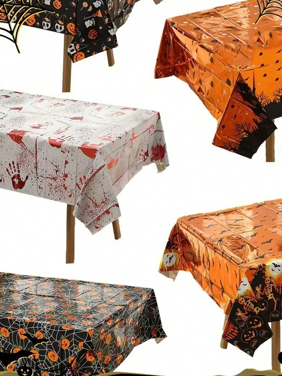 Mantel decorativo de Halloween, con huellas de manos ensangrentadas, telarañas, calabazas, patrones de calaveras, adecuado para decoración de fiestas de miedo, bromas, decoraciones de Halloween, montaje de escenas de Halloween, decoración del hogar de Halloween, decoración de casas embrujadas, creación de atmósfera de eventos de Halloween, suministros decorativos perfectos para Halloween - Talla única - Ver 1