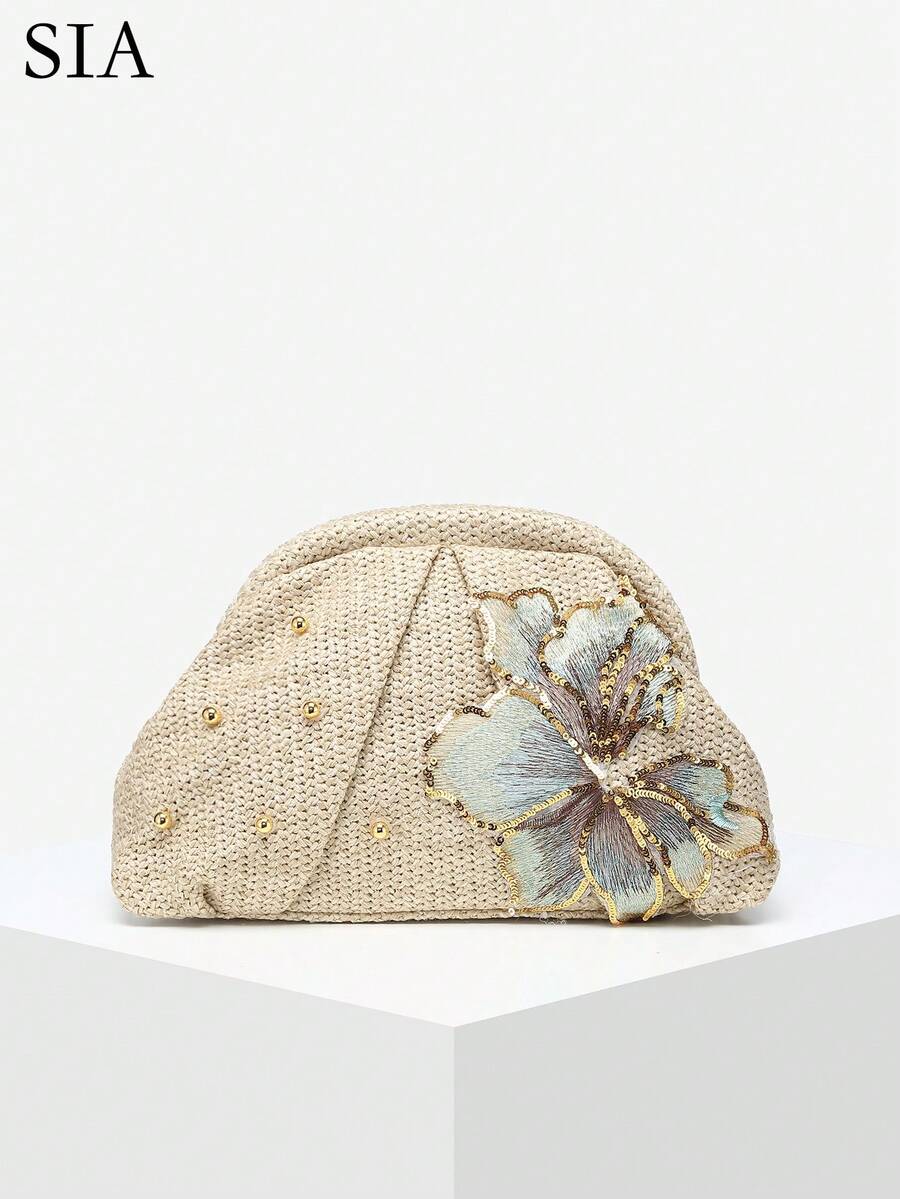 SIA 女款復古極簡鉤編海灘包,刺繡 3D 花卉珠飾裝飾,大容量抓皺雲朵手拿包,適用於街頭、派對與日常穿搭的晚宴包 - 杏色 - 查看 1