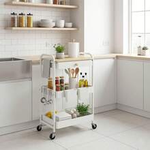 3 Tier Rolling Cart Metal Utility Cart With Wooden Table Top Drawer Hanging Cups Storage Cart For Kitchen Bathroom Office - White - View 6