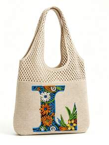 LFIRSTL Women's Crochet Tote Bag | 26 Personalized Initial Options, Bohemian Floral Mesh Beach Bag, Large Capacity Knitted Shoulder Handbag, Suitable For Summer Vacation, Travel And Daily Commute - Khaki - View 13