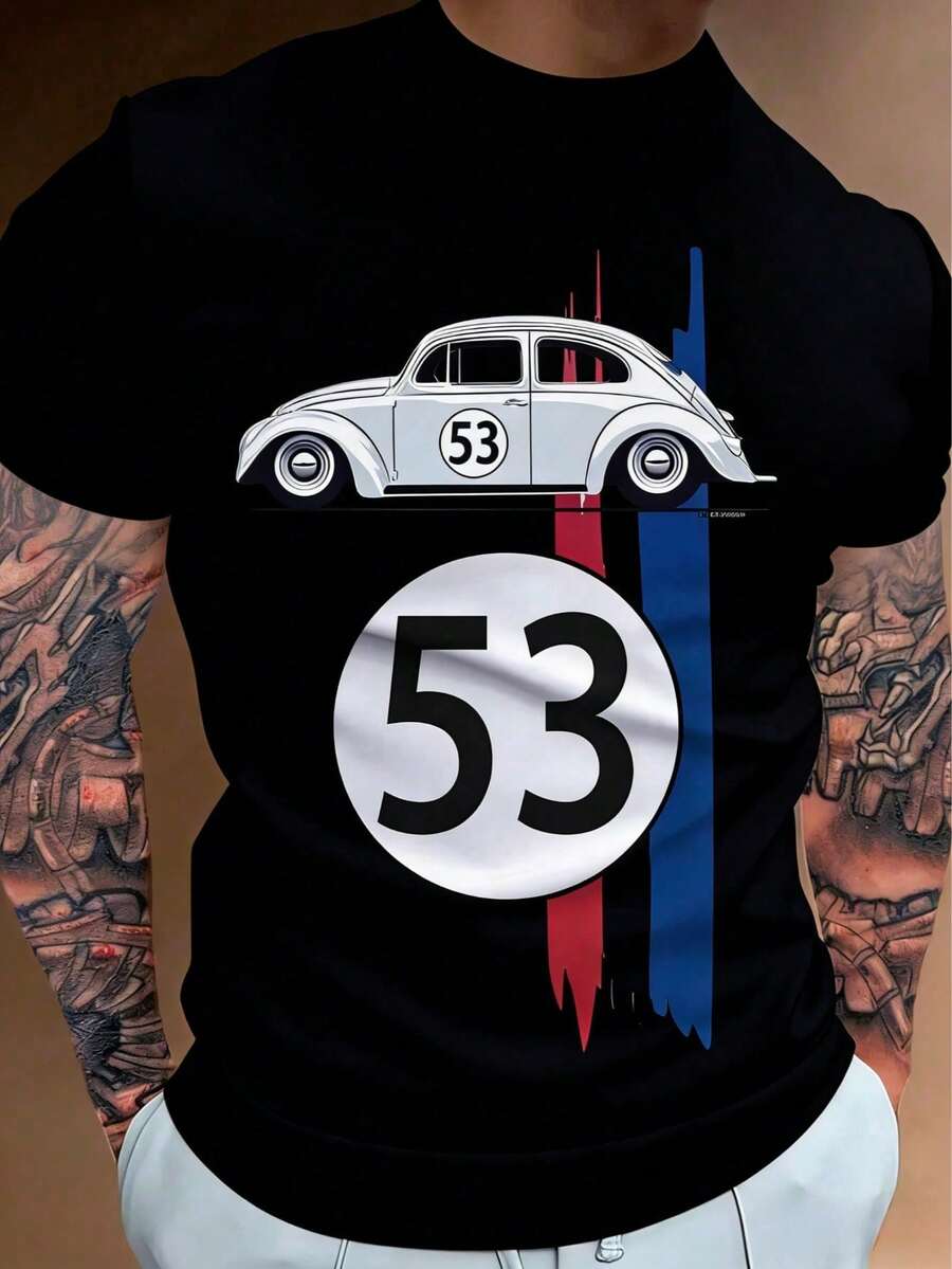 Versatile Casual Loose Fit Short Sleeve T-Shirt With Fun Racing Design Print, For Vacation, Work And Everyday Wear - Black - View 1