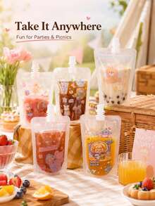 50Pcs Clear Spout Drink Bags, Cute Cartoon Stand-Up Beverage Pouches With Caps For Juice, Milk Tea, Coffee, Smoothies & Party Drinks - Multicolor - View 1