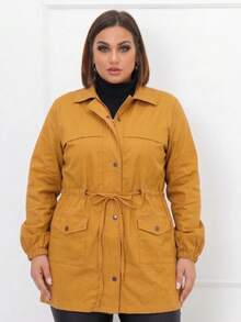 Plus Size Winter Overcoat In Bengaline Fabric With Drawstring, Zipper, And Button Closure. This Winter Parka Coat/Blouse Is Perfect For Sizes G1, G2, And G3. - Mustard - View 3