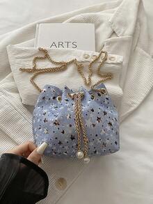 Mini New Fashion Straw Woven Gold Chain Drawstring Bucket Bag Beach Bag - Blue - View 6