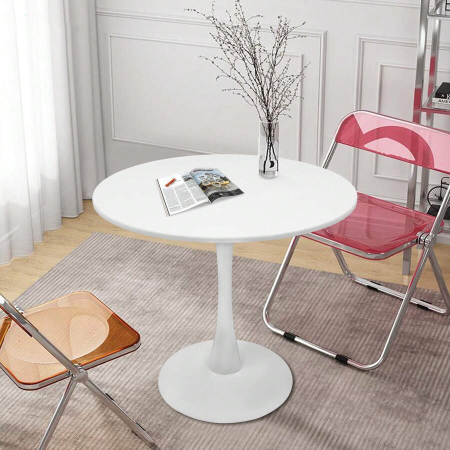 RainWeel Modern Round Dining Table, Kitchen Dining Table, Pedestal Table With Round Top, Tulip Dining Room Table For 1-4 People, Modern Coffee Table, 31.5*28.7inch Mid-Century Leisure Table For Living Room, Kitchen, Dining Room, Balcony, Patio, Bar, White - White - View 1