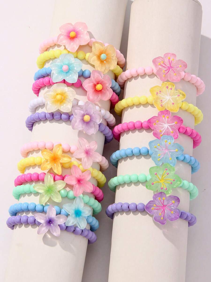 6pcs/Set Girls Cute Flower Beaded Bracelet Set, Suitable For School, Daily Wear And Festival - Multicolor - View 1