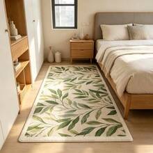 1pc Fresh Mori Style Decorative Carpet, Faux Cashmere Rug, Beige Base With Green Branch & Leaf Design, Plush Long Strip Rug For Bedroom Bedside, Natural Minimalist Beige Background With Green Leaves, Living Room Sofa Area Rug, Healing Wabi-Sabi Artistic Branch & Leaf Design For Entryway Doorway Balcony Decor, Non-Slip Home Decorative Carpet - Multicolor - View 2