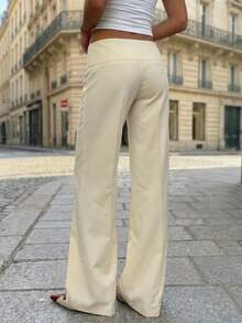 Women's Elegant Low-Waist Flared Trousers, Beige Double-Button Wide Waistband With Front Center Seam Flare Dress Pants, Suitable For Daily Commute, Streetwear, Travel, Shopping - Beige - View 10