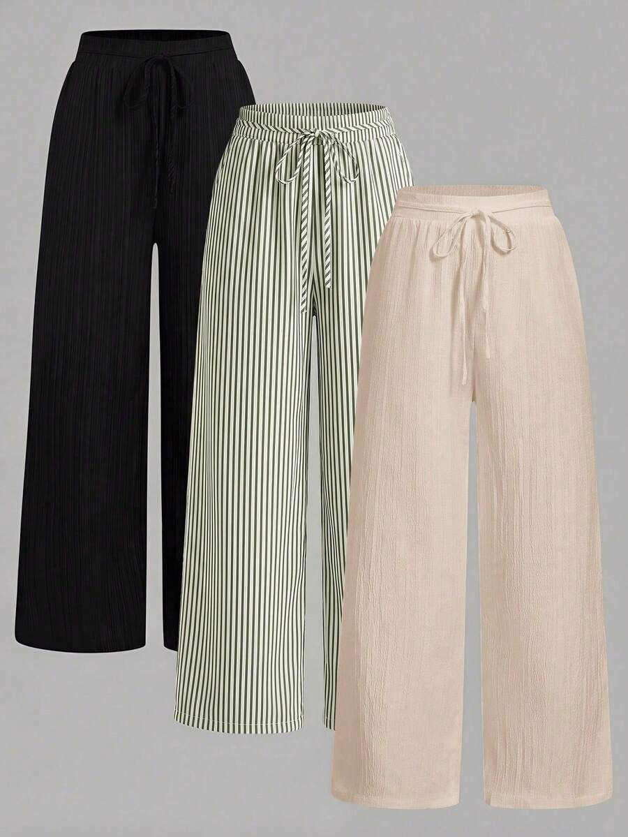 Set Of 3 High-Waisted Loose Straight-Leg Trousers With Drawstring And Pockets, Solid Color And Versatile, Suitable For Spring/Summer - Black - View 1