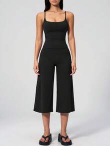 Setelan Atasan Tank Top Camisole Wanita Musim Gugur + Celana Panjang Sedang dengan Kaki Lebar, Desain Tali Bahu yang Dapat Diatur, Pakaian Yoga Hitam, Setelan Dua Potong Pilates Olahraga - Hitam - View 6