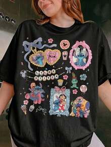 Produit Officiellement Licencié Disney, T-Shirt Rétro Coquette Lilo & Stitch, T-Shirt Adorable Stitch Angel Lilo Hawaïen Aloha, Chemise d'Été Féminine, T-Shirt 100% Pur Coton, S'ajuste Bien, Unisexe, Excellent Cadeau - Noir - Voir 1