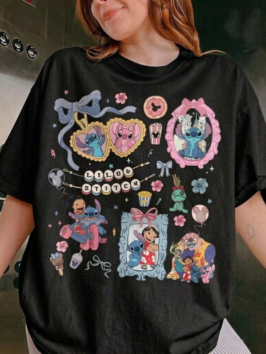 Produit Officiellement Licencié Disney, T-Shirt Rétro Coquette Lilo & Stitch, T-Shirt Adorable Stitch Angel Lilo Hawaïen Aloha, Chemise d'Été Féminine, T-Shirt 100% Pur Coton, S'ajuste Bien, Unisexe, Excellent Cadeau - Noir - Voir 1