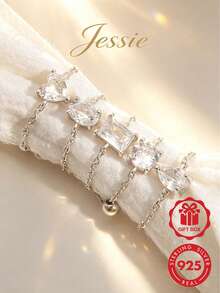 Jessie Jewelry 1件時尚優雅極簡精緻925純銀立方氧化鋯可調節鏈條戒指幾何設計系列戒指，適合女性約會、派對、婚禮、日常配戴，配件禮物 - 銀色 - 查看 1