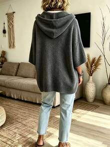 Plus Size Women's Autumn/Winter Essential Vintage Hooded V-Neck Short Sleeve Drawstring Loose Casual Everyday Sweater - Dark Grey - View 3