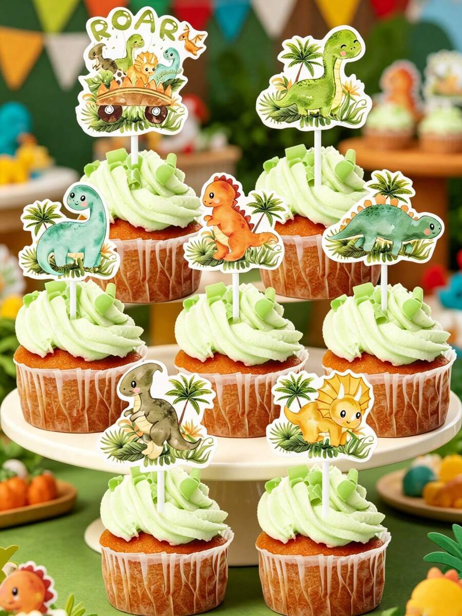 16pcs Dinosaur Shaped Cupcake Toppers, Dinosaur Theme Birthday Party Cupcake Decorations, Jungle Animal Theme Baby Shower Party Decor, 1st Birthday Party Supplies, Wild Party Decorations, Gender Reveal Party Decor, Newborn Party Dessert Decor, Baby Shower Party Favors, Birthday Gifts, Dinosaur Party Decorations