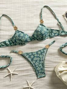 Bikinx Women's Floral Textured Fabric Bikini Set, Spaghetti Strap Underwire Lace-Up Backless Bikini Set, Gold Floral Decoration Summer - Dark Green - View 3