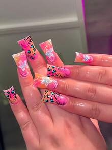 24pcs Duck Nail Art Tips, Sweet & Cool Black Striped Spotted White Floral Pink Nails, Fashion White Hibiscus White Striped Polka Dot Leopard Print Full Coverage Stiletto Fake Nails, Includes 1pc Jelly Glue And 1pc Mini Nail File, Jelly Glue Randomly Sent - Multicolor - View 4